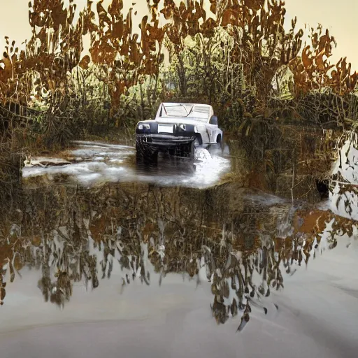 Image similar to a muddy 1997 hardtop white Jeep Wrangler drowning in quicksand, digital art, beautiful iridescent fog swallows the dirty swamp, gritty, cinematic, extraordinary colorful landscape, photorealistic, soft vintage glow