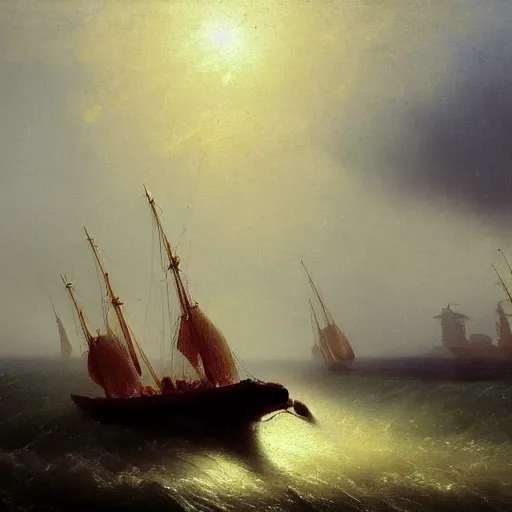 Image similar to a painting of a two large modern boats catching fish, a detailed painting by ivan aivazovsky, pixabay contest winner, hudson river school, dutch golden age, detailed painting, matte painting