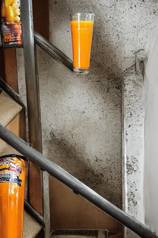 Prompt: a flooded stairway filled with orange juice, horror 1024 A