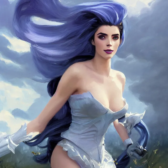 Image similar to portrait of a combination of Ashley Greene, Adriana Dxim, Grace Kelly and Lily Collins with blue hair as Syndra from League of Legends, countryside, calm, fantasy character portrait, dynamic pose, above view, sunny day, thunder clouds in the sky, artwork by Jeremy Lipkin and Giuseppe Dangelico Pino and Michael Garmash and Rob Rey and Greg Manchess and Huang Guangjian, very coherent asymmetrical artwork, sharp edges, perfect face, simple form, 100mm