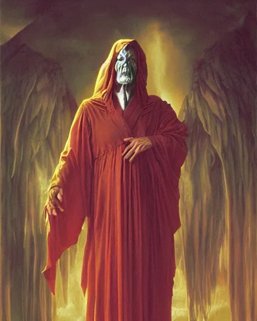 Image similar to A wizard. He has a very menacing expression. he wears robes. Award winning oil painting by Thomas Cole and Wayne Barlowe. Highly detailed