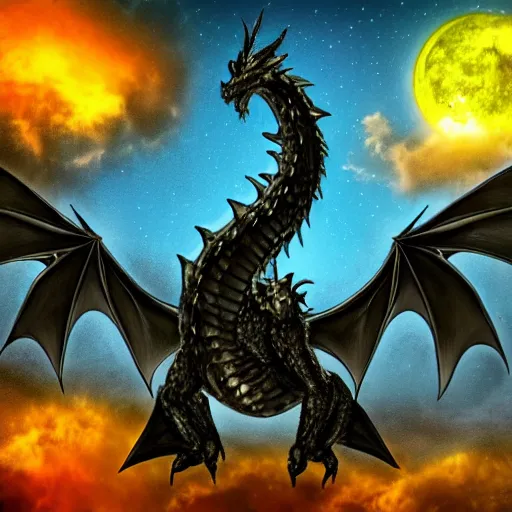 Prompt: big black dragon flying in the sky, nighttime, medieval city