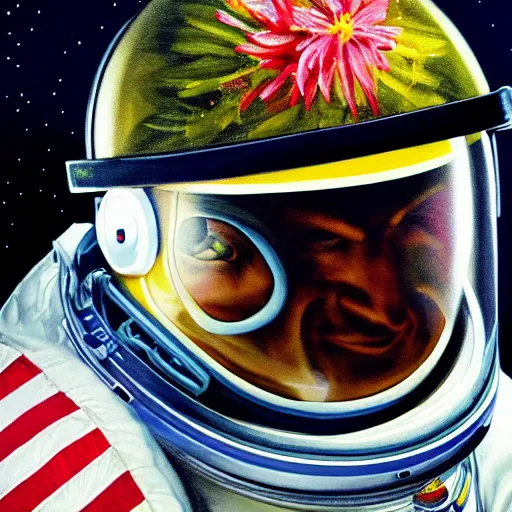 Image similar to a close up painting of an astronaut floating in space. his helmet visor is dark and reflective. you can see the reflection of flowers in his helmet visor.