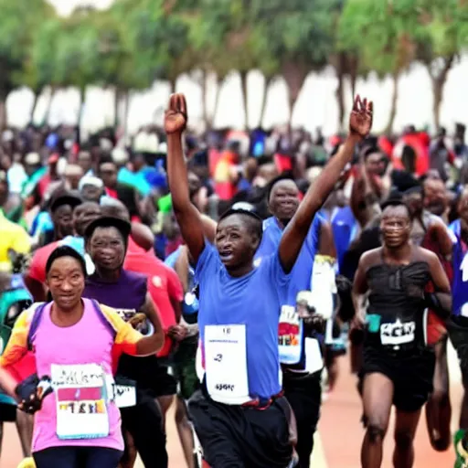 Prompt: african xi jinping running a marathon, hands in air