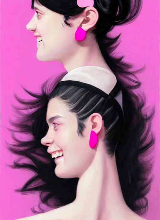 Image similar to portrait of teenage girl, realistic, black hair, bangs, half updo hairstyle, pointy nose, skinny, smile, ugly, defined jawline, big chin, pink hair bow, earrings, intricate, elegant, glowing lights, highly detailed, digital painting, artstation, sharp focus, illustration, art by wlop, mars ravelo and greg rutkowski