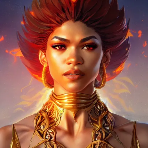 Prompt: zendaya as the goddess of fire, art by artgerm and greg rutkowski and sakimichan, trending on artstation