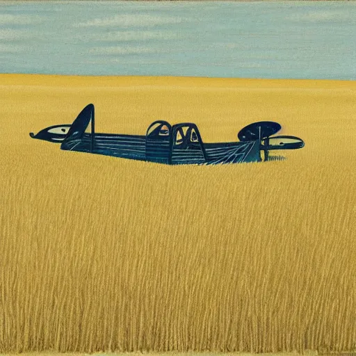 Image similar to a biplane flying low over a wheat field, by eric ravilious