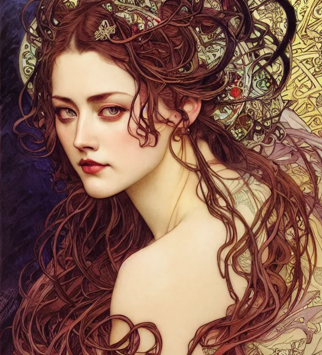 Prompt: detailed portrait of amber heard by alphonse mucha, ayami kojima, yoshitaka amano, charlie bowater, karol bak, greg hildebrandt, jean delville, and mark brooks, art nouveau, pre - raphaelite, neo - gothic, gothic, art nouveau, intricate fine details, exquisite, rich deep moody colors