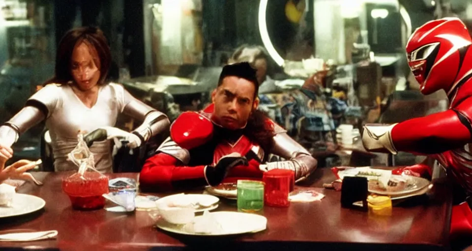 Prompt: Power Rangers film, a scene where the Power Ranger is eating alone in a diner, he is facing the table, dark tones.
