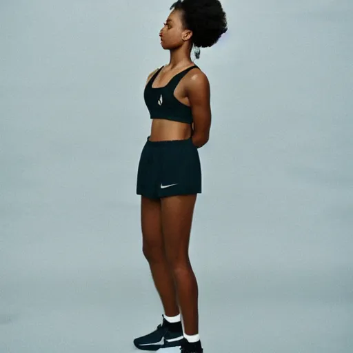 Image similar to realistic photoshoot for a new nike lookbook, color film photography, portrait of a beautiful woman in style of tyler Mitchell, 35mm, graflex