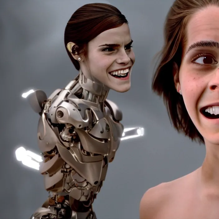 Image similar to Joyful! smiling Emma Watson wearing cyborg prosthetic, from The emperor's new groove (2000). Clear body. Light Clothes. Cinematic. Professional Photo. Low angle. 8k. Clear Face.