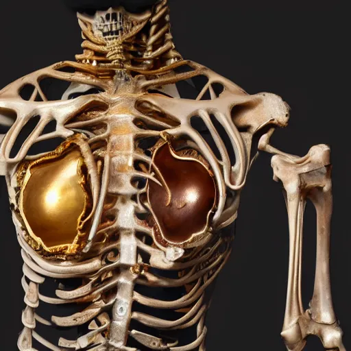 Image similar to female torso and head in curved position with visible gems inlaid in skin with anatomic description, antique style, skeleton, gems, cameo, gold, 8k, details, studio lighting, realism, complex lights