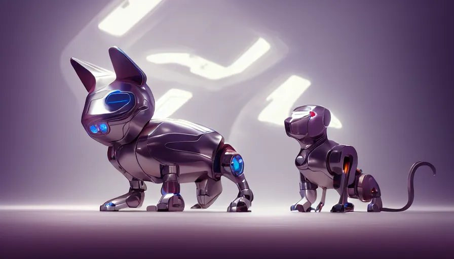 Prompt: product photo of a futuristic cut stylized pet robot by artgerm and greg rutkowski and alphonse mucha, zaha hadid, cat dog teddy mix, volumetric light, detailed, octane render, midsommar