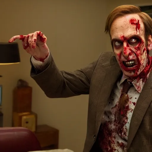 Image similar to film still of zombie zombie saul goodman as a zombie in better call saul, 4 k