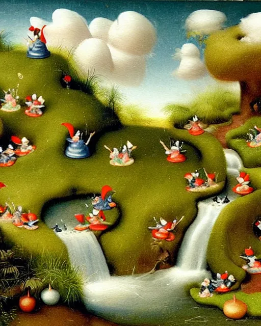 Prompt: miniature diorama painting of the garden gnomes filled with whimsical fairies dancing in a river of waterfalls falling from the cotton clouds with realistic cloud background by Bosch and Breugel