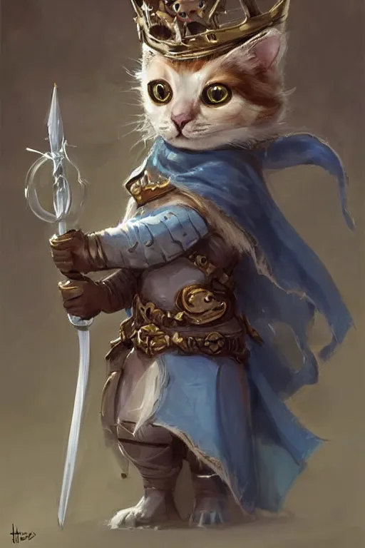 Image similar to cute little anthropomorphic cat knight wearing a cape and a crown, tiny, small, miniature cat , baby animal, short, pale blue armor, cute and adorable, pretty, beautiful, DnD character art portrait, matte fantasy painting, DeviantArt Artstation, by Jason Felix by Steve Argyle by Tyler Jacobson by Peter Mohrbacher, cinematic lighting