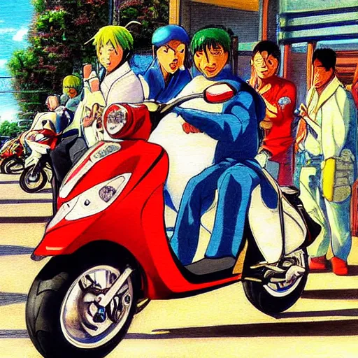 Image similar to anime painting of a japanese scooter meetup, 5 0 ccm, 7 5 ccm