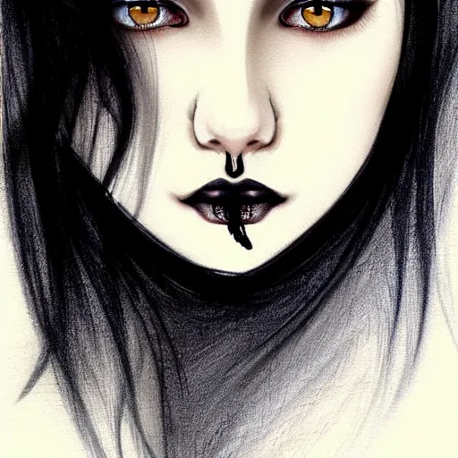 Prompt: pen and ink sketch of english teenage girl with black hair, china blue eyes, pale glowing skin, beautiful sinister features, rich and evil, elegant fashion model, fantasy, intricate, elegant, dress shirt and tie, highly detailed, digital painting, artstation, concept art, smooth, sharp focus, illustration, art by Krenz Cushart and Artem Demura and alphonse mucha, black and white