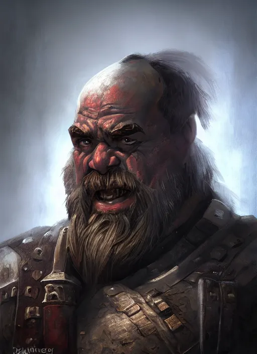 Prompt: A fantasy comic book style portrait painting of a brutal grim warrior dwarf in a atmospheric dark fortress, unreal 5, DAZ, hyperrealistic, octane render, RPG portrait, ambient light, dynamic lighting