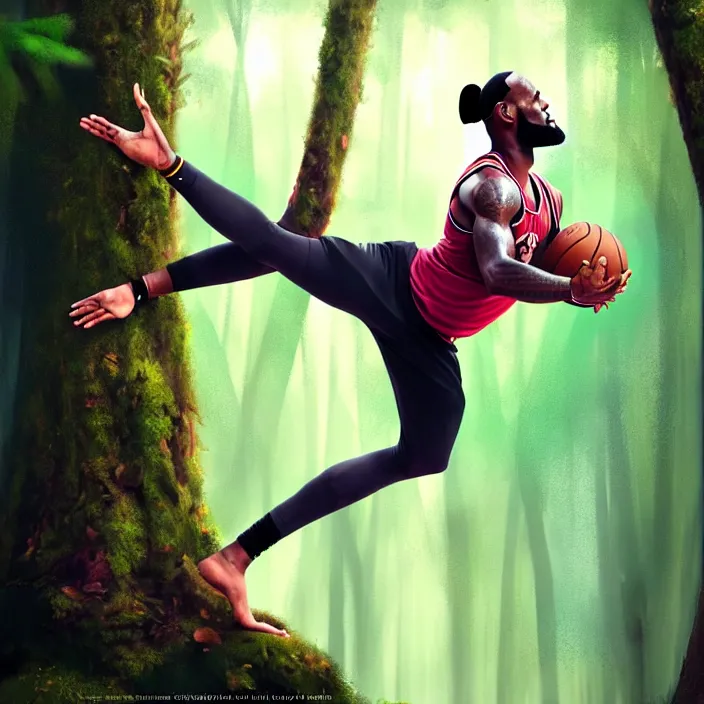 Image similar to lebron james doing yoga in the forest, epic professional digital art, best on artstation, cgsociety, wlop, behance, pixiv, cosmic, epic, stunning, gorgeous, much detail, much wow, masterpiece by dorian cleavanger and stanley lau