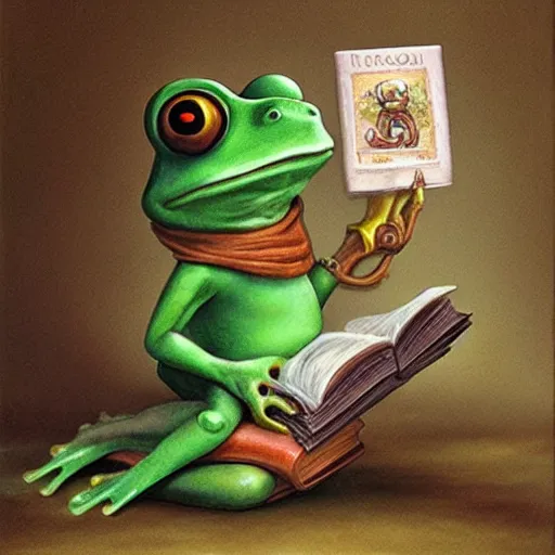 Image similar to a frog monk cleric reading his book, fantasy concept art by nicoletta ceccoli, mark ryden, lostfish, max fleischer