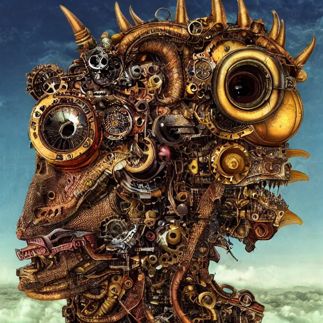 Image similar to profile portrait of a dragon, computer parts, mechanical parts, by giuseppe arcimboldo, steampunk, cyberpunk, futuristic, psychedelic, surreal, sci - fi, vaporwave, alien, dreamlike.