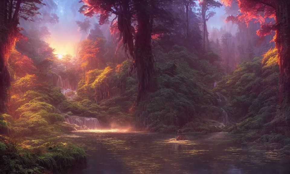 Sunrise Forest River Scenery Digital Art 8K Wallpaper #118