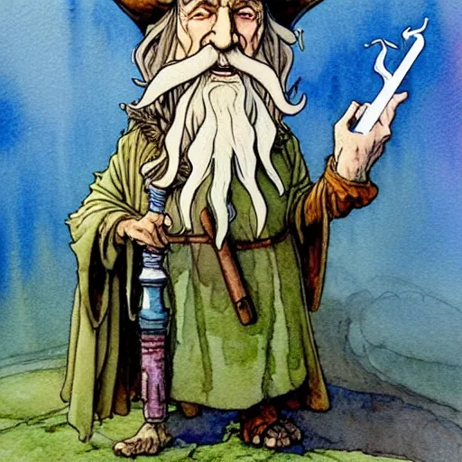 Image similar to a realistic and atmospheric watercolour fantasy character concept art portrait of gandalf with pink eyes looking happy and confused and smoking weed out of his pipe with a pot leaf nearby, by rebecca guay, michael kaluta, charles vess and jean moebius giraud