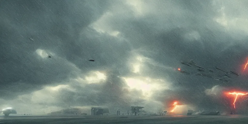 Image similar to screenshot from a renaissance airship cyberpunk cinematic masterpiece, hurricane tornado mist hail debris flying lightning, fps, cinematography, photo, photography, 4 k, by greg rutkowski, roger deakins