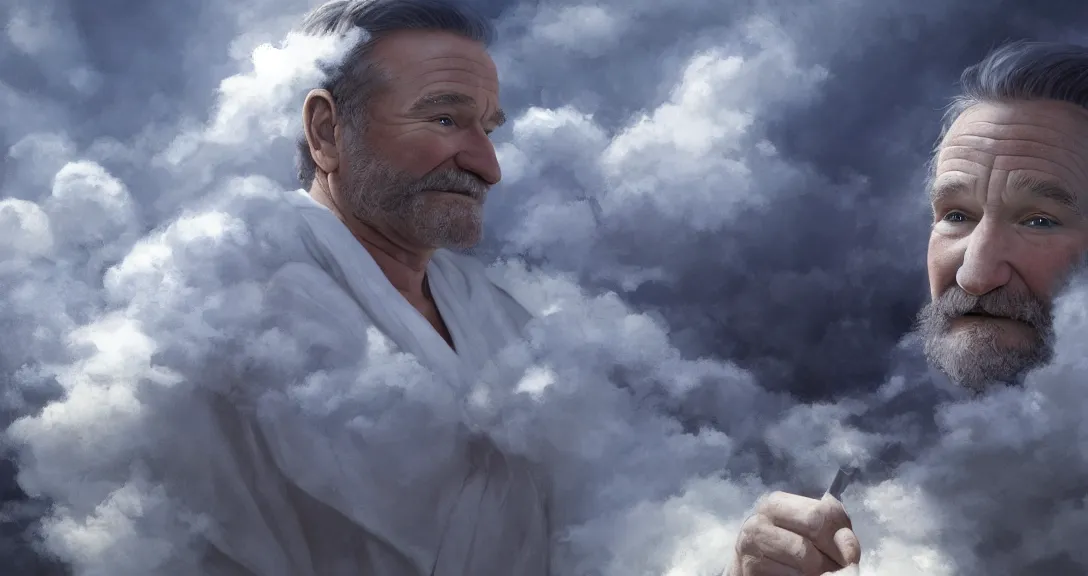 Prompt: robin williams is god, white beard, clouds, heaven, blue eyes, white robe, intricate, detailed, volumetric lighting, scenery, digital painting, highly detailed, artstation, sharp focus,, alex ross, ruan jia, steve mccurry