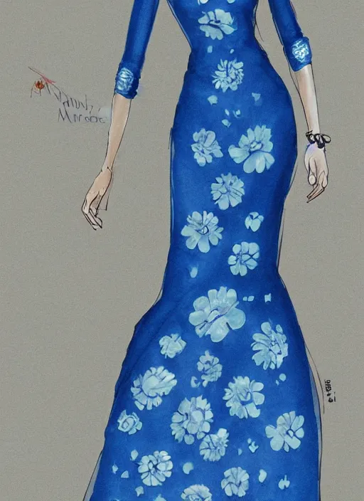 Image similar to blue qipao dress, fantasy illustration, concept art, dress design by alexander mcqueen