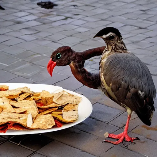 Prompt: enormous bird stealing food from person