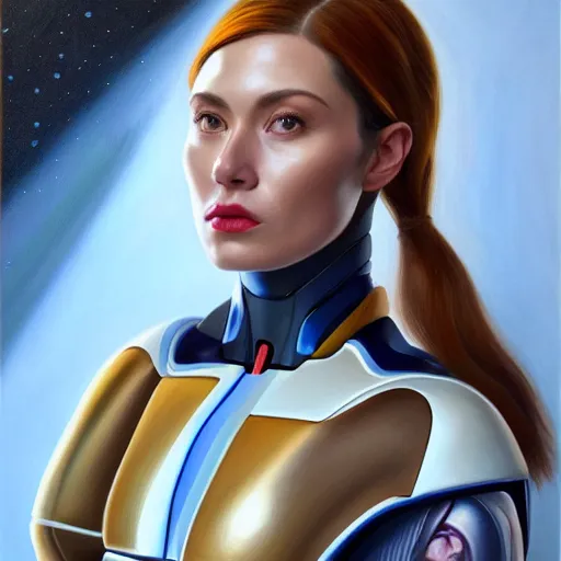 Prompt: portrait of woman with a large dueling scar from a knife across her cheek and lips wearing futurist spacesuit, Alexandria's genesis, chin-length hair, bored, illustration, soft lighting, soft details, hyper realism, high detailed, painting oil on canvas by mark arian by artgerm, trending on artstation, 4k, 8k, HD