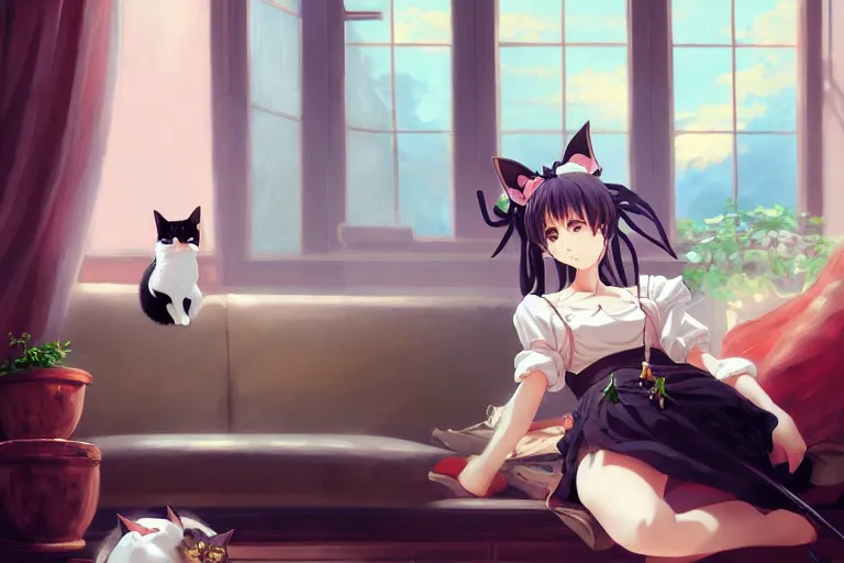 Prompt: baroque oil painting of anime key visual concept art of anime maid with cat ears lying down on sofa, soft lighting, new york apartment, potted plants, big window, trending on artstation, brush strokes, oil on canvas, style of makoto shinkai and greg rutkowski and studio ghibli