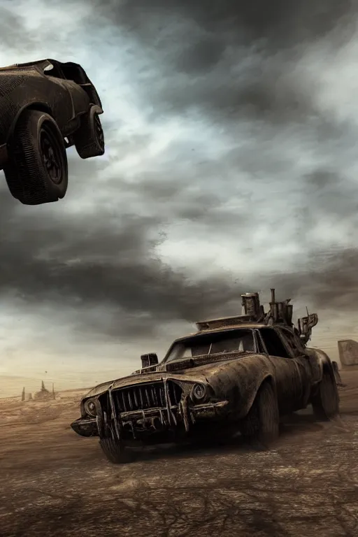 Image similar to ultra realist 3d soft paint of a gothic four wheel vehicle fully armored, Mad Max and Fallout, symmetry accurate features, very intricate details, ominous sky, volumetric light clouds, post apocalyptic background