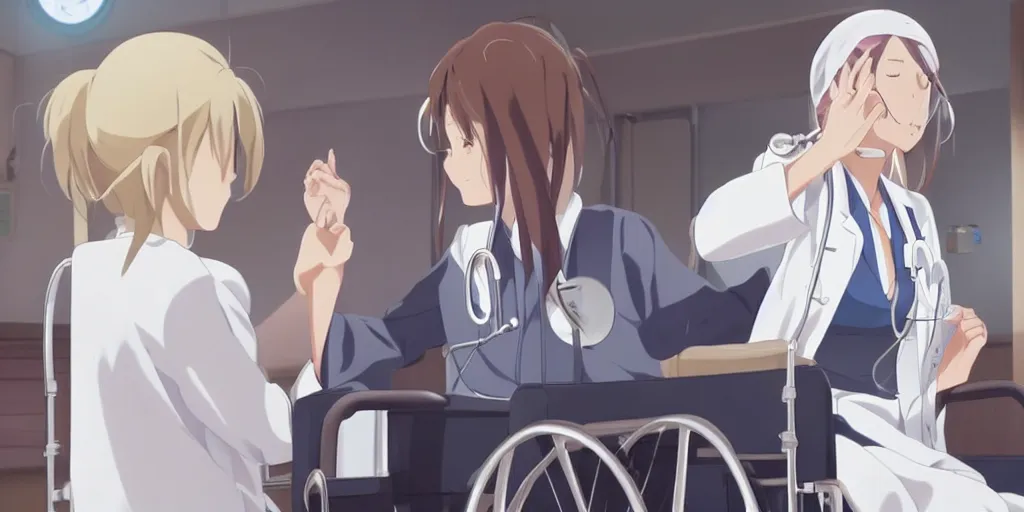 Prompt: a cute young female doctor wearing white coat, an old patient of 80 years in a wheelchair, hospital ward, slice of life anime, cinematic, realistic, anime scenery by Naoshi Arakawa:8 and Makoto shinkai