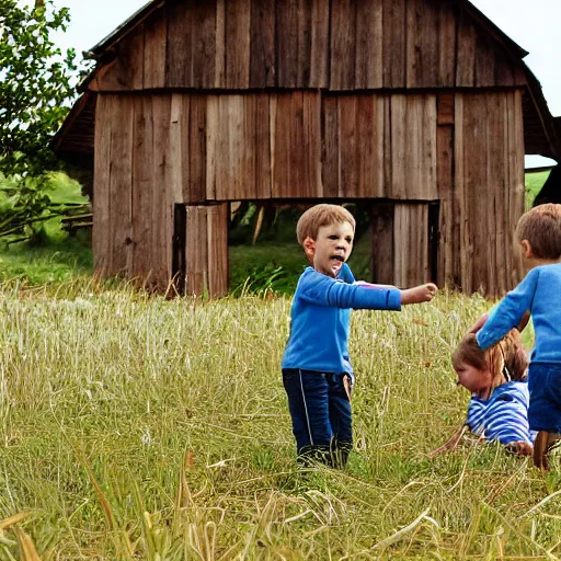 Prompt: children playing in a haymow inside a wooden barn