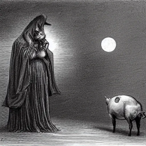 Prompt: pig, tuxedo, illustration by Gustave Doré, high detail, eerie, creepy, dark, night, misty, moon, chiaroscuro, film noir