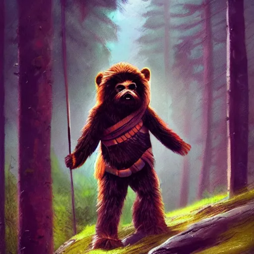 Image similar to adventurous ewok hiking up hills through the tall wooded forest, artstation, colorful