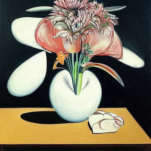 Image similar to “a portrait in an art student’s apartment, a vase in the shape of a feminine pig, pork, ikebana white flowers, white wax, squashed berries, acrylic and spray paint and oilstick on canvas, by munch and Dali”