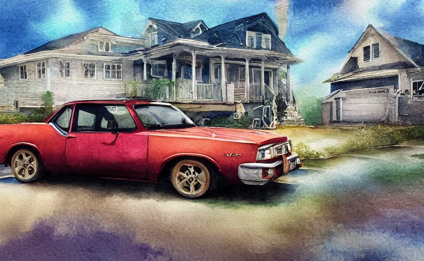 Prompt: a watercolor painting of a chevrolet opala parked near a 1 9 0 0 s house, digital painting, masterpiece, hyperrealistic, concept art, trending on deviantart, highly detailed, high quality, 4 k, symmetrical, low contrast, watercolor, warm, soft lighting, path traced, godrays, vintage, soft colors