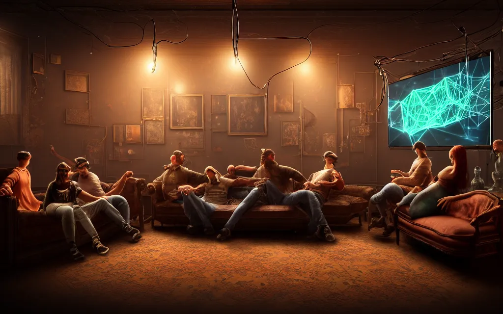 Prompt: A group of people sitting on an old couch in an old room with dusty antique furniture all around, very detailed, cyberpunk wires and oled monitors on the walls, digital displays and holographic projections, ultrarealistic, dramatic lighting, electrical details, high details, 4k, 8k, best, accurate, trending on artstation, artstation, photorealism, ultrarealistic, digital painting, style of Caravaggio, Boris Vallejo