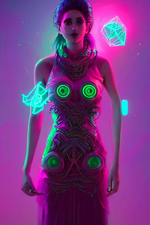 Prompt: void goddess wearing a dress made of neon, surreal, 4 k, unreal engine, octane render, simon stalenhag, d & d, fantasy, intricate, elegant, highly detailed, digital painting, artstation, concept art, matte, sharp focus, illustration, hearthstone, art by artgerm and greg rutkowski