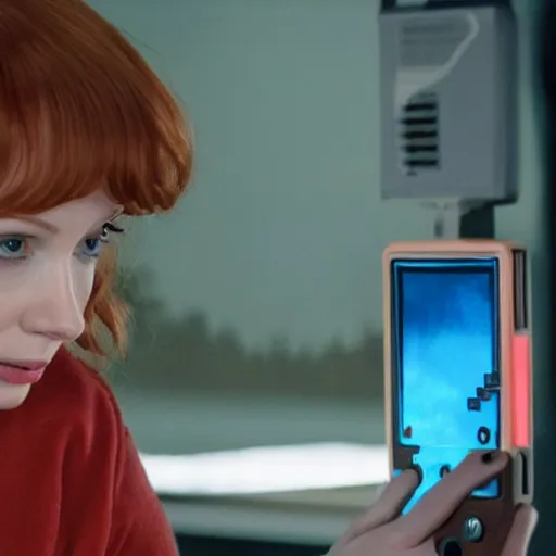 Prompt: a still of Christina Hendricks playing with a Gameboy, in Stranger Things, highly detailed and intricate, cinematic lighting, 8k remastered HDR