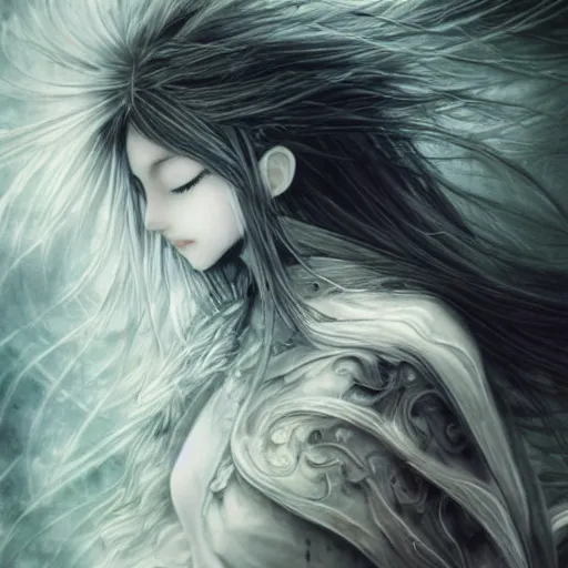 Image similar to Yoshitaka Amano blurred and dreamy illustration of an anime girl with wavy white hair fluttering in the wind and cracks on her face wearing elden ring armour with the cloak, abstract black and white patterns on the background, noisy film grain effect, highly detailed, Renaissance oil painting, weird portrait angle