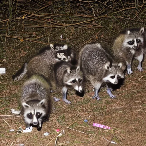 Prompt: night vision picture of raccoons rummaging through a gigantic trash mound