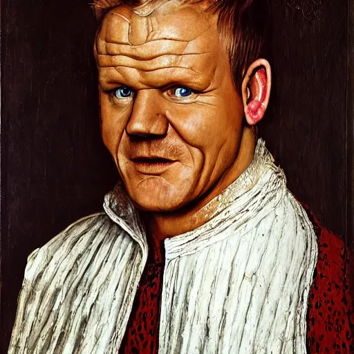 Prompt: portrait of gordon ramsay, oil painting by jan van eyck, northern renaissance art, oil on canvas, wet - on - wet technique, realistic, expressive emotions, intricate textures, illusionistic detail