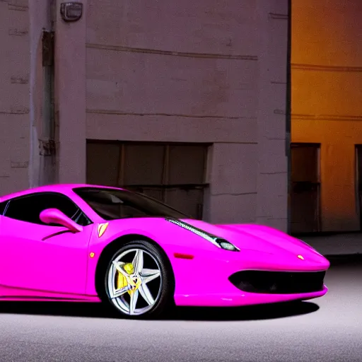 Image similar to a photograph of a pink ferrari parked in a parking spot at night with the lights on