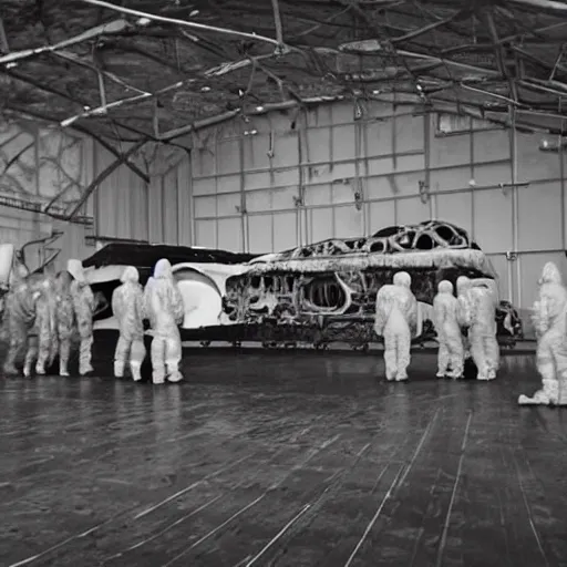 Image similar to dismantled ufo spaceship in hanger with people in hazmat suits standing around, grainy, vintage photo, sepia, old photo, realistic, detailed,