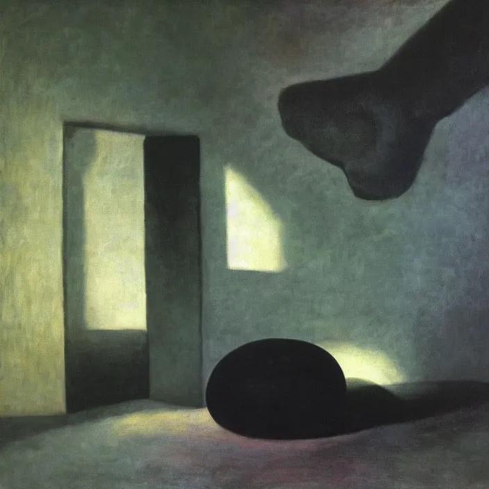 Image similar to the giant boulder, dark obsidian rock of ages filling up the interior of home. high contrast, psichedelic colors. painting by monet, hammershoi, agnes pelton, mark rothko